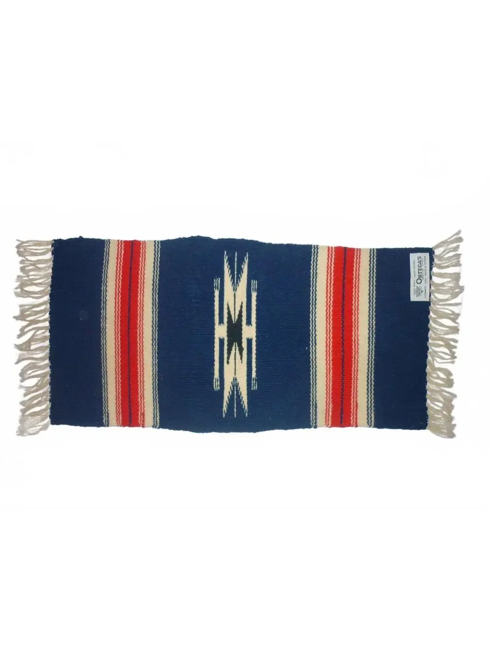 Ortega's Chimayo Native Handwoven Blue and Red Runner Small Rug Tagged